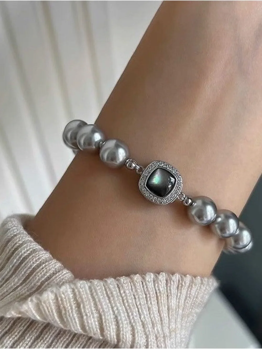 NWT-French Style Layered CZ Inlaid Square Pearl Bracelet